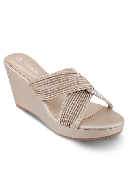 Buy_CRIMZON_Gold Studs, Diamonds Lulu Studded Wedges _Online_at_Aza_Fashions