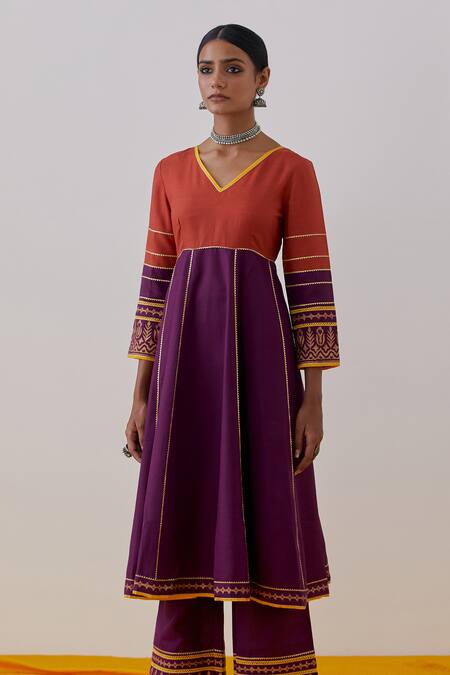 The Indian Cause Purple Cotton Embroidery V-neck Raqs Colorblock Gota Lace Embellished Anarkali