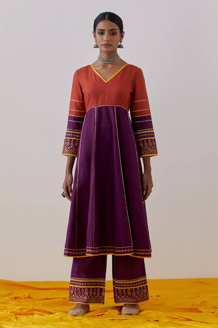 The Indian Cause_Purple Cotton Embroidery V-neck Raqs Colorblock Gota Lace Embellished Anarkali_Online_at_Aza_Fashions