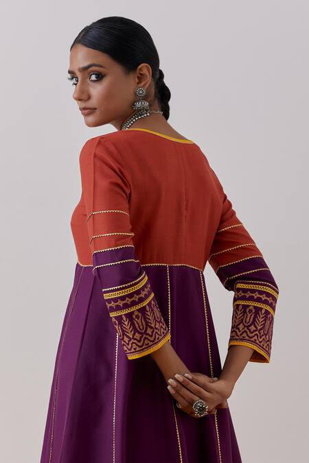 The Indian Cause_Purple Cotton Embroidery V-neck Raqs Colorblock Gota Lace Embellished Anarkali_at_Aza_Fashions