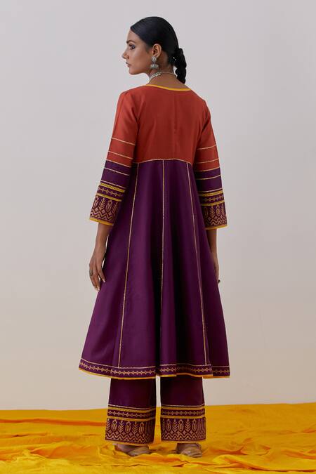 Shop The Indian Cause Purple Cotton Embroidery, Gota Raqs Colorblock Embellished Anarkali With Palazzo at Aza Fashions Shop_The Indian Cause_Purple Cotton Embroidery, Gota Raqs Colorblock Embellished Anarkali With Palazzo_at_Aza_Fashions