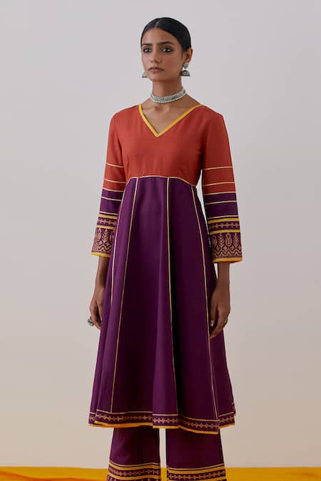 The Indian Cause Purple Cotton Embroidery, Gota Raqs Colorblock Embellished Anarkali With Palazzo Online at Aza Fashions The Indian Cause_Purple Cotton Embroidery, Gota Raqs Colorblock Embellished Anarkali With Palazzo_Online_at_Aza_Fashions