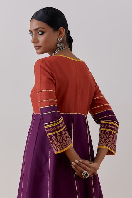 Shop The Indian Cause Purple Cotton Embroidery, Gota Raqs Colorblock Embellished Anarkali With Palazzo Online at Aza Fashions Shop_The Indian Cause_Purple Cotton Embroidery, Gota Raqs Colorblock Embellished Anarkali With Palazzo_Online_at_Aza_Fashions