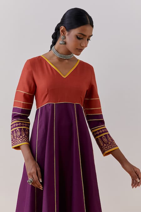The Indian Cause Purple Cotton Embroidery, Gota Raqs Colorblock Embellished Anarkali With Palazzo at Aza Fashions The Indian Cause_Purple Cotton Embroidery, Gota Raqs Colorblock Embellished Anarkali With Palazzo_at_Aza_Fashions
