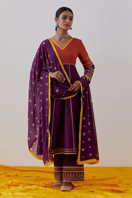 TIC Purple Cotton Slub Raqs Colorblock Embellished Anarkali Palazzo Set 