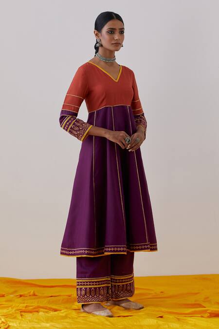 Buy_The Indian Cause_Purple Cotton, Georgette Raqs Colorblock Embellished Anarkali Palazzo Set_Online_at_Aza_Fashions