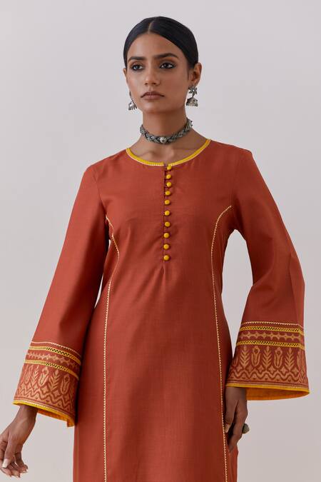 The Indian Cause_Orange Cotton Gota Patti Round Beas Hand Block Print Straight Kurta With Palazzo_Online_at_Aza_Fashions