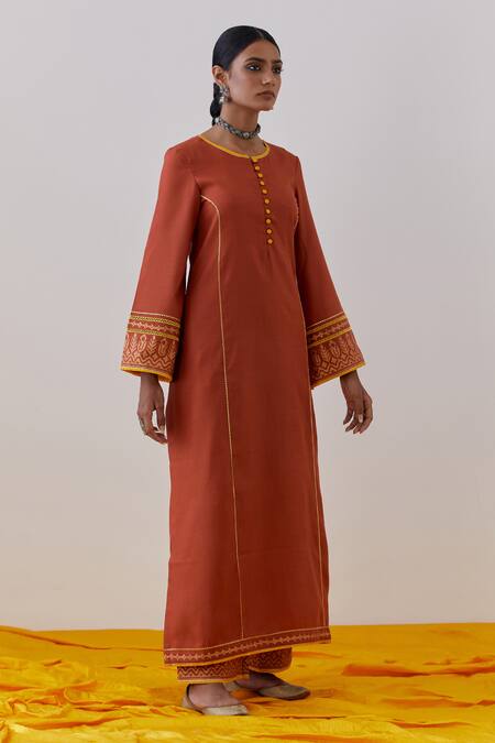 Buy_The Indian Cause_Orange Cotton, Georgette Beas Hand Block Print Straight Kurta Palazzo Set_Online_at_Aza_Fashions