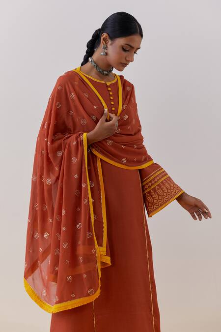 Shop_The Indian Cause_Orange Cotton, Georgette Beas Hand Block Print Straight Kurta Palazzo Set_Online_at_Aza_Fashions
