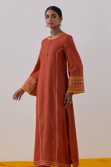 Buy_The Indian Cause_Orange Cotton, Georgette Beas Hand Block Print Straight Kurta Palazzo Set