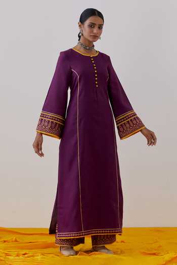 Buy_The Indian Cause_Purple Cotton Gota Patti Beas Lace Embellished Straight Kurta With Palazzo_Online_at_Aza_Fashions