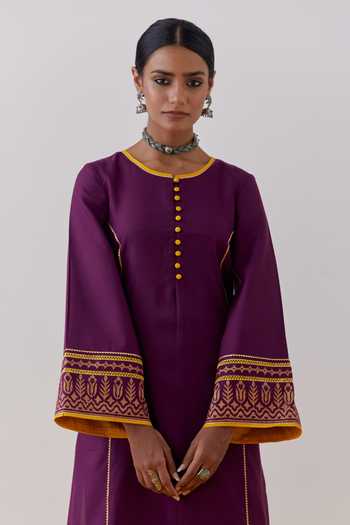 Shop_The Indian Cause_Purple Cotton Gota Patti Beas Lace Embellished Straight Kurta With Palazzo_Online_at_Aza_Fashions
