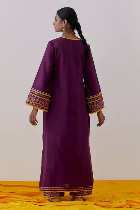 Shop The Indian Cause Purple Cotton, Georgette Gota Beas Hand Block Print Straight Kurta Palazzo Set at Aza Fashions Shop_The Indian Cause_Purple Cotton, Georgette Gota Beas Hand Block Print Straight Kurta Palazzo Set_at_Aza_Fashions