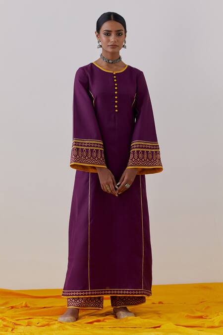 The Indian Cause Purple Cotton, Georgette Gota Beas Hand Block Print Straight Kurta Palazzo Set Online at Aza Fashions The Indian Cause_Purple Cotton, Georgette Gota Beas Hand Block Print Straight Kurta Palazzo Set_Online_at_Aza_Fashions