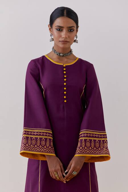 Shop The Indian Cause Purple Cotton, Georgette Gota Beas Hand Block Print Straight Kurta Palazzo Set Online at Aza Fashions Shop_The Indian Cause_Purple Cotton, Georgette Gota Beas Hand Block Print Straight Kurta Palazzo Set_Online_at_Aza_Fashions