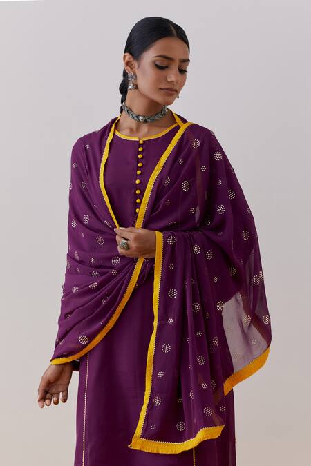 Buy The Indian Cause Purple Cotton, Georgette Gota Beas Hand Block Print Straight Kurta Palazzo Set Buy_The Indian Cause_Purple Cotton, Georgette Gota Beas Hand Block Print Straight Kurta Palazzo Set