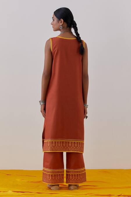 Shop The Indian Cause Orange Cotton Gota Patti Boat Neck Seher Hand Block Print Kurta With Palazzo at Aza Fashions Shop_The Indian Cause_Orange Cotton Gota Patti Boat Neck Seher Hand Block Print Kurta With Palazzo_at_Aza_Fashions