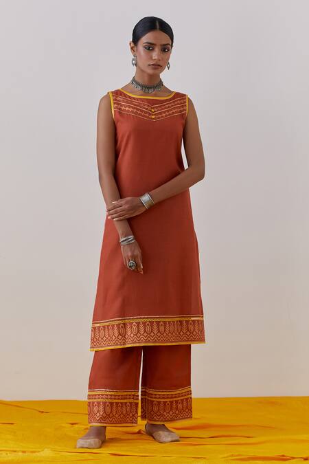 The Indian Cause Orange Cotton Gota Patti Boat Neck Seher Hand Block Print Kurta With Palazzo Online at Aza Fashions The Indian Cause_Orange Cotton Gota Patti Boat Neck Seher Hand Block Print Kurta With Palazzo_Online_at_Aza_Fashions