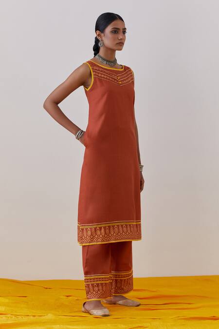 Buy The Indian Cause Orange Cotton Gota Patti Boat Neck Seher Hand Block Print Kurta With Palazzo Online at Aza Fashions Buy_The Indian Cause_Orange Cotton Gota Patti Boat Neck Seher Hand Block Print Kurta With Palazzo_Online_at_Aza_Fashions