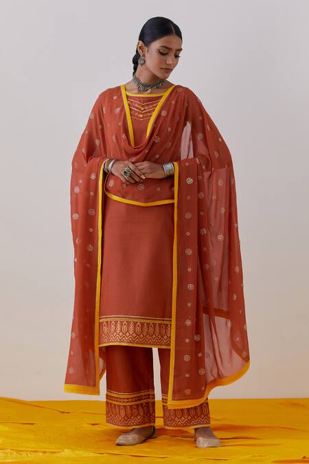 The Indian Cause Orange Cotton, Georgette Gota Patti Seher Hand Block Print Kurta Palazzo Set