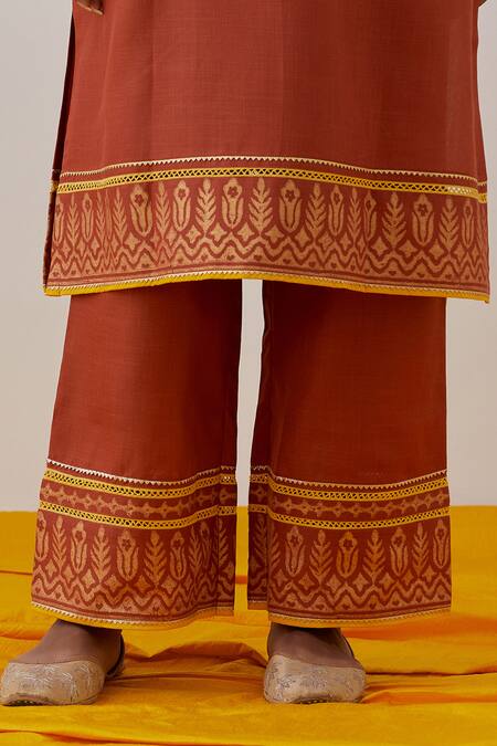 Shop The Indian Cause Orange Cotton, Georgette Gota Patti Seher Hand Block Print Kurta Palazzo Set Online at Aza Fashions Shop_The Indian Cause_Orange Cotton, Georgette Gota Patti Seher Hand Block Print Kurta Palazzo Set_Online_at_Aza_Fashions