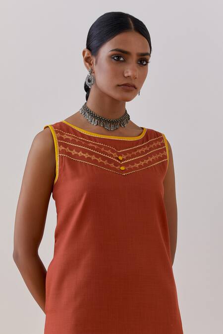 The Indian Cause Orange Cotton, Georgette Gota Patti Seher Hand Block Print Kurta Palazzo Set at Aza Fashions The Indian Cause_Orange Cotton, Georgette Gota Patti Seher Hand Block Print Kurta Palazzo Set_at_Aza_Fashions