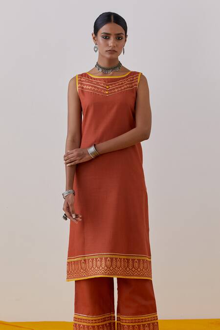 Buy The Indian Cause Orange Cotton, Georgette Gota Patti Seher Hand Block Print Kurta Palazzo Set Buy_The Indian Cause_Orange Cotton, Georgette Gota Patti Seher Hand Block Print Kurta Palazzo Set