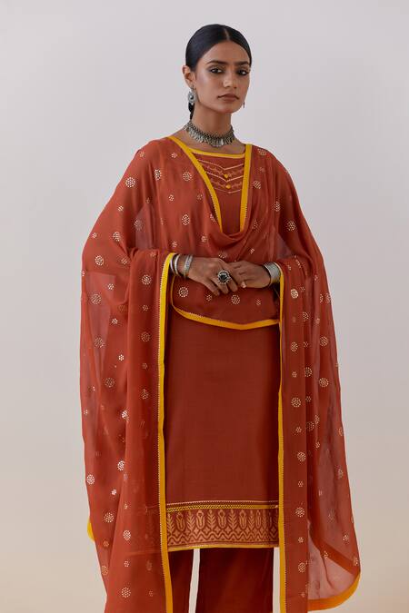 Shop The Indian Cause Orange Cotton, Georgette Gota Patti Seher Hand Block Print Kurta Palazzo Set Shop_The Indian Cause_Orange Cotton, Georgette Gota Patti Seher Hand Block Print Kurta Palazzo Set