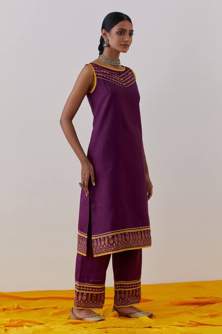 Buy_The Indian Cause_Purple Cotton Embroidery, Seher Hand Block Print Embellished Kurta With Palazzo_Online_at_Aza_Fashions