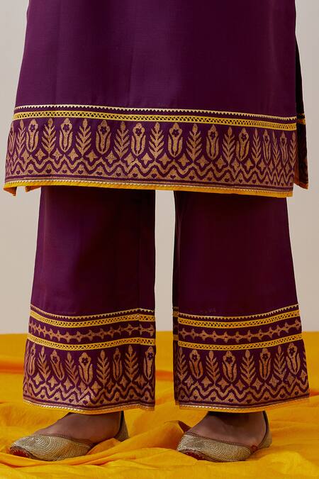 Shop_The Indian Cause_Purple Cotton Embroidery, Seher Hand Block Print Embellished Kurta With Palazzo_Online_at_Aza_Fashions
