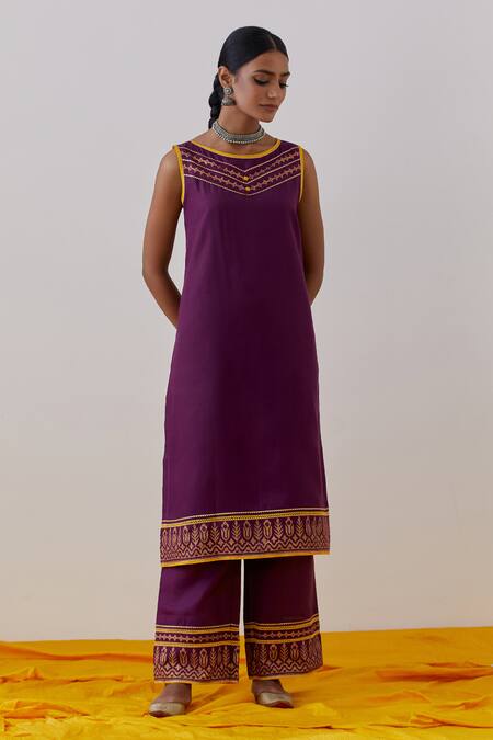 The Indian Cause_Purple Cotton, Georgette Seher Hand Block Print Embellished Kurta Palazzo Set_Online_at_Aza_Fashions