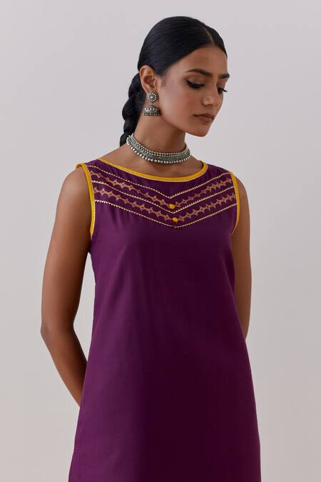 The Indian Cause_Purple Cotton, Georgette Seher Hand Block Print Embellished Kurta Palazzo Set_at_Aza_Fashions