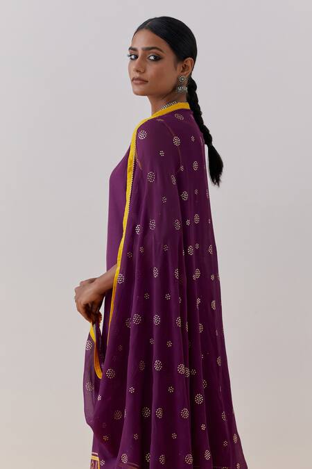 Shop_The Indian Cause_Purple Cotton, Georgette Seher Hand Block Print Embellished Kurta Palazzo Set