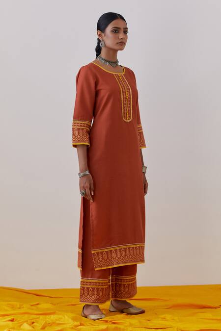 Buy_The Indian Cause_Orange Cotton Rozana Hand Block Print Embellished Kurta With Palazzo_Online_at_Aza_Fashions
