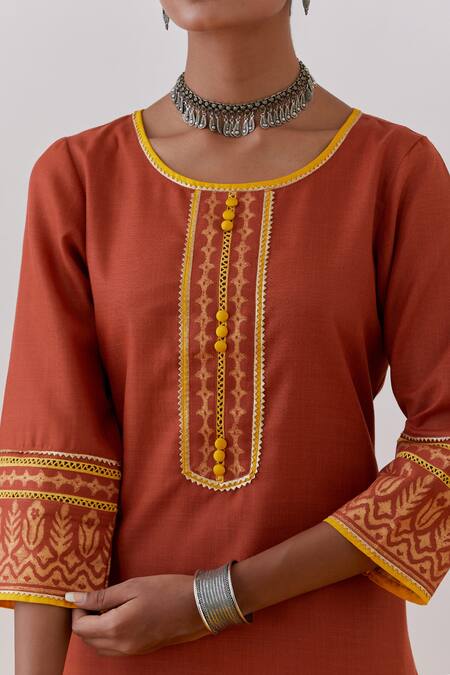 Shop_The Indian Cause_Orange Cotton Rozana Hand Block Print Embellished Kurta With Palazzo_Online_at_Aza_Fashions