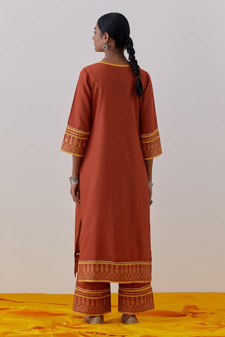 Shop The Indian Cause Orange Cotton, Georgette Gota Patti, Rozana Hand Block Print Kurta Palazzo Set at Aza Fashions Shop_The Indian Cause_Orange Cotton, Georgette Gota Patti, Rozana Hand Block Print Kurta Palazzo Set_at_Aza_Fashions