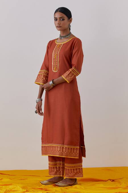 The Indian Cause Orange Cotton, Georgette Gota Patti, Rozana Hand Block Print Kurta Palazzo Set Online at Aza Fashions The Indian Cause_Orange Cotton, Georgette Gota Patti, Rozana Hand Block Print Kurta Palazzo Set_Online_at_Aza_Fashions