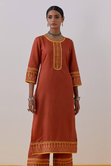 Shop The Indian Cause Orange Cotton, Georgette Gota Patti, Rozana Hand Block Print Kurta Palazzo Set Online at Aza Fashions Shop_The Indian Cause_Orange Cotton, Georgette Gota Patti, Rozana Hand Block Print Kurta Palazzo Set_Online_at_Aza_Fashions