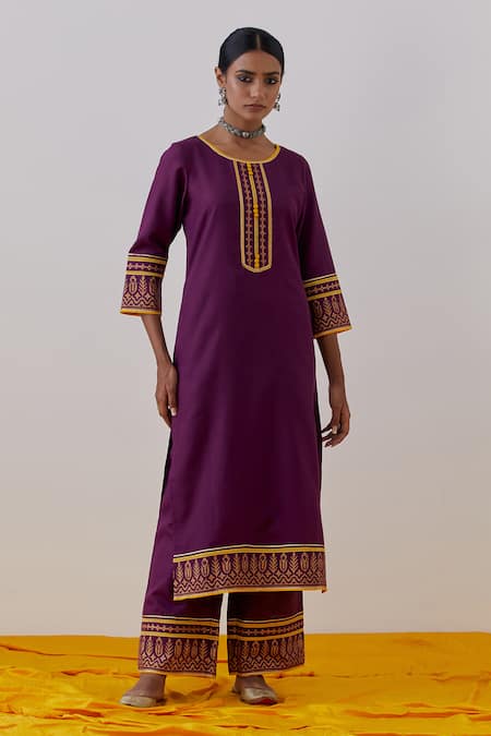 The Indian Cause Purple Cotton Embroidery, Gota Rozana Flora Hand Block Print Kurta With Palazzo