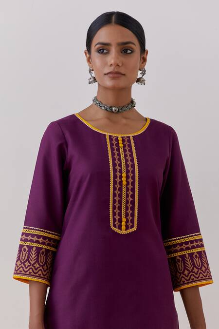 Shop_The Indian Cause_Purple Cotton Embroidery, Gota Rozana Flora Hand Block Print Kurta With Palazzo_Online_at_Aza_Fashions