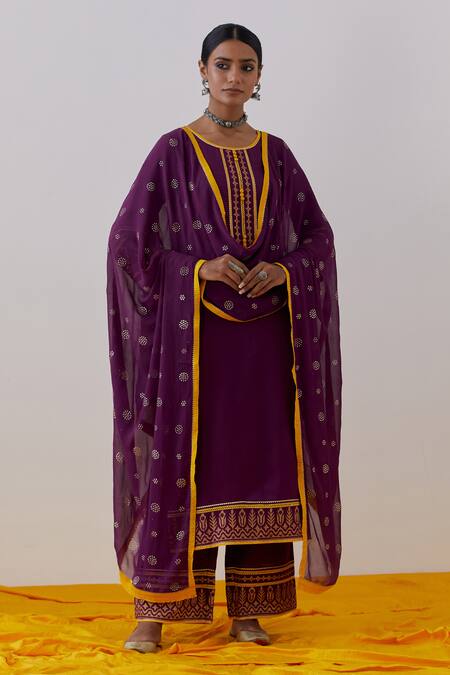 The Indian Cause_Purple Cotton Embroidery, Gota Rozana Flora Hand Block Print Kurta With Palazzo_at_Aza_Fashions