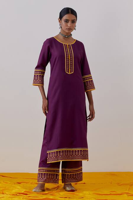 The Indian Cause_Purple Cotton, Rozana Flora Hand Block Print Embellished Kurta Palazzo Set_Online_at_Aza_Fashions