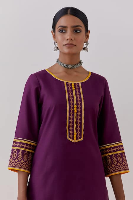 Purple Gold Handblock V Neck Designer Cotton Suit Set For Women Online