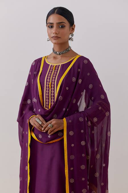 Buy_The Indian Cause_Purple Cotton, Rozana Flora Hand Block Print Embellished Kurta Palazzo Set