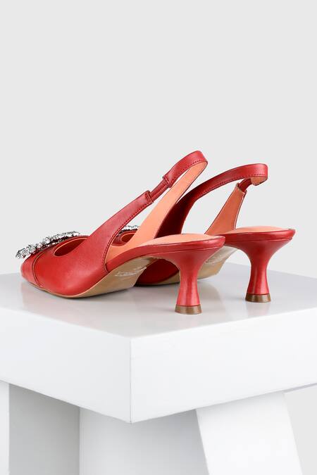 Oroh_Red Rhinestones, Brooches Ruby Ornamented Leather Heels _Online_at_Aza_Fashions