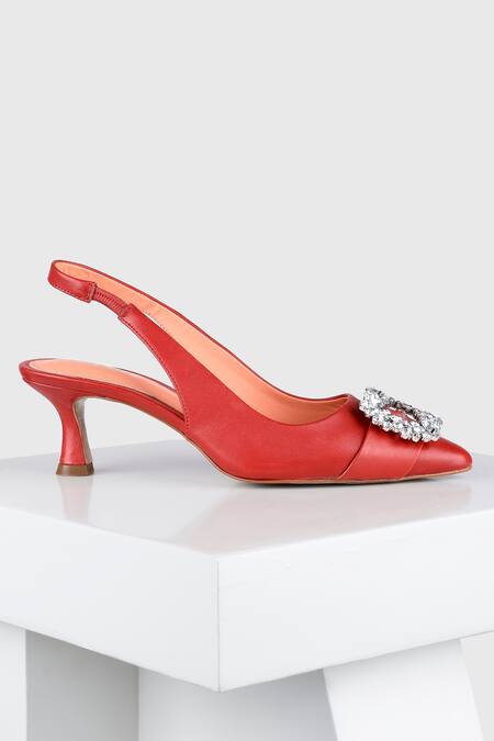 Buy_Oroh_Red Rhinestones, Brooches Ruby Ornamented Leather Heels _Online_at_Aza_Fashions