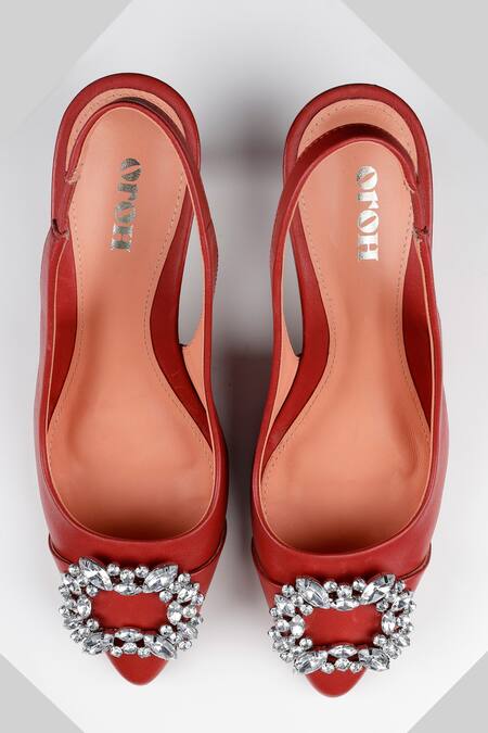 Shop_Oroh_Red Rhinestones, Brooches Ruby Ornamented Leather Heels _at_Aza_Fashions