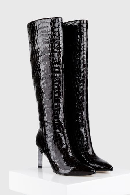 Black Leather PU Peep Toe Stiletto High Heels Knee Long Boots Shoes-sieuthinhanong.vn
