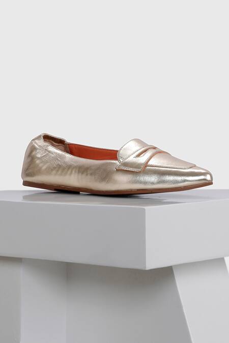 Buy_Oroh_Gold Leather Ballerina Flats_Online_at_Aza_Fashions