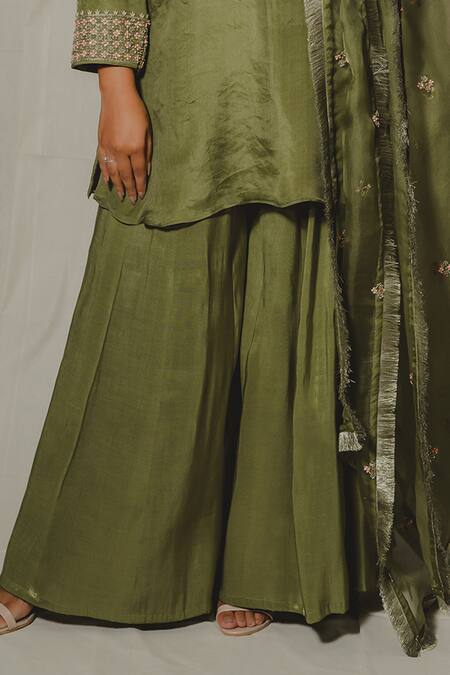 Buy Shinor Green Silk Organza Hand Embroidery Danka Boat Short Kurta Palazzo Set Buy_Shinor_Green Silk Organza Hand Embroidery Danka Boat Short Kurta Palazzo Set